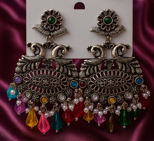 Antique Peacock Design Jhumkas with Multicolor Beads