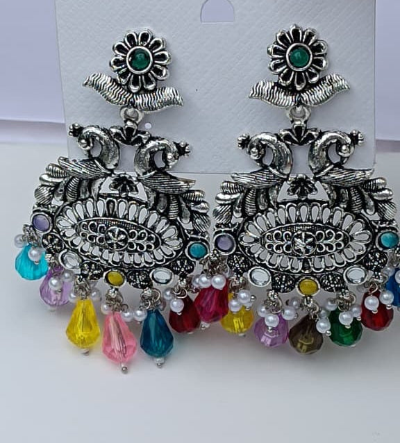 Antique Peacock Design Jhumkas with Multicolor Beads
