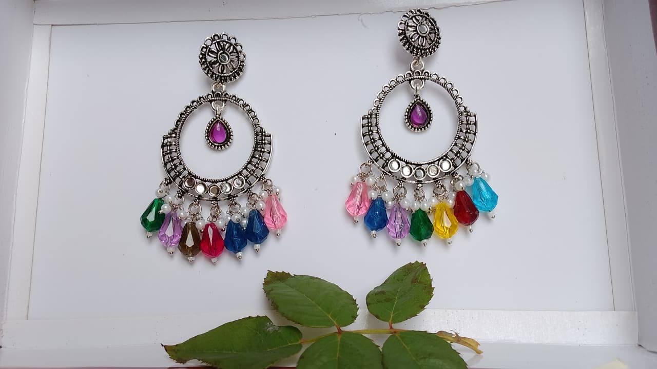 Traditional Silver-Plated Jhumkas with Colorful Beads