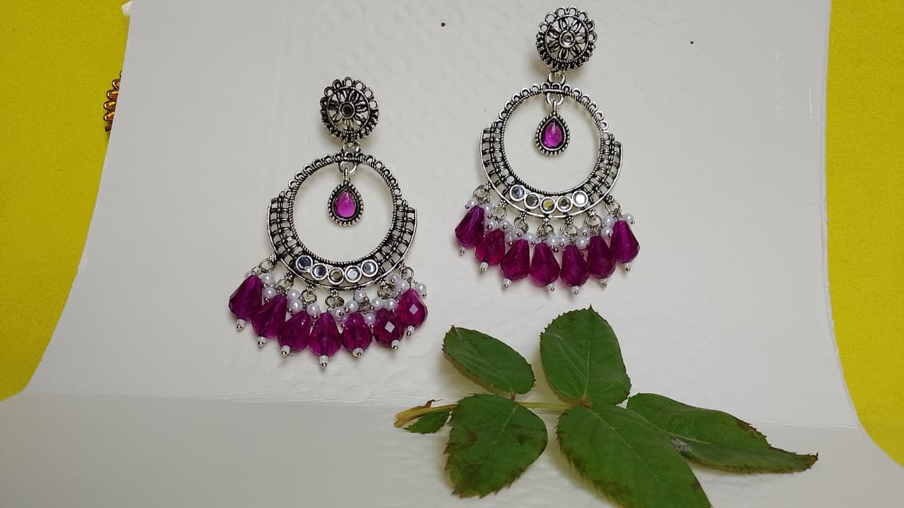 Elegant Silver-Plated Jhumkas with Purple Beads
